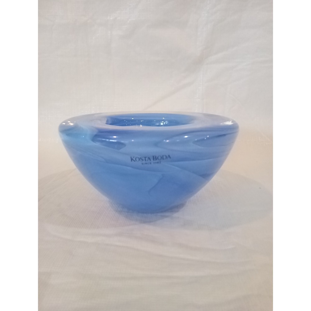 Kosta Boda Votive Bowl 4.5" Sweden   Art Glass Blue Swirl